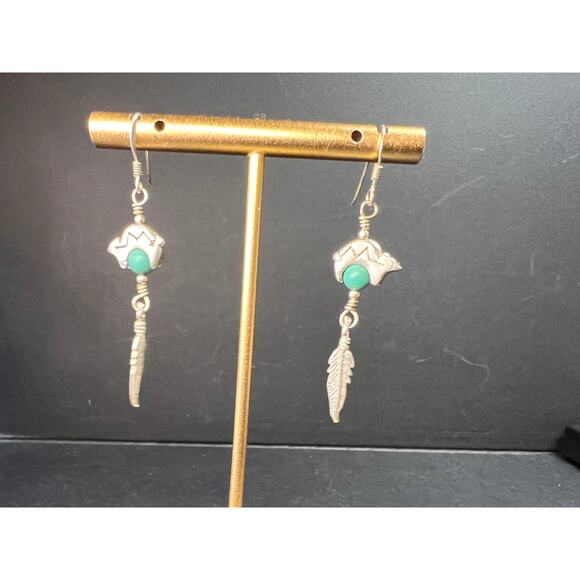 Vintage Sterling Silver Turquoise Earrings – Bear & Feather Motif - Picture 8 of 14